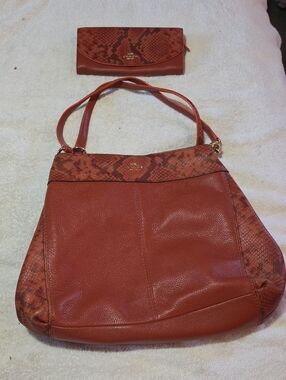 Coach Rust Leather Shoulder Bag with Snakeskin-Print Trim